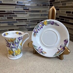 Dunoon February Crocus Flower of the Month Cup Saucer Set Kathy Pickles England